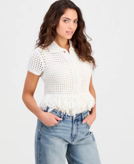 Petite Short-Sleeve Johnny-Collar Fringe Sweater - White