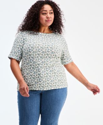 Plus Size Boat-Neck Elbow Sleeve Cotton Top