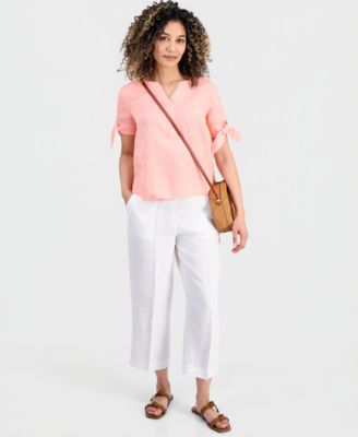 Petite 100% Linen Split-Neck Tie Sleeve Top