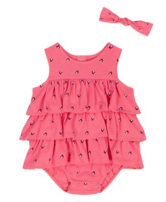 Baby Girls' Printed Pique Ruffled Sunsuit & Printed Headband