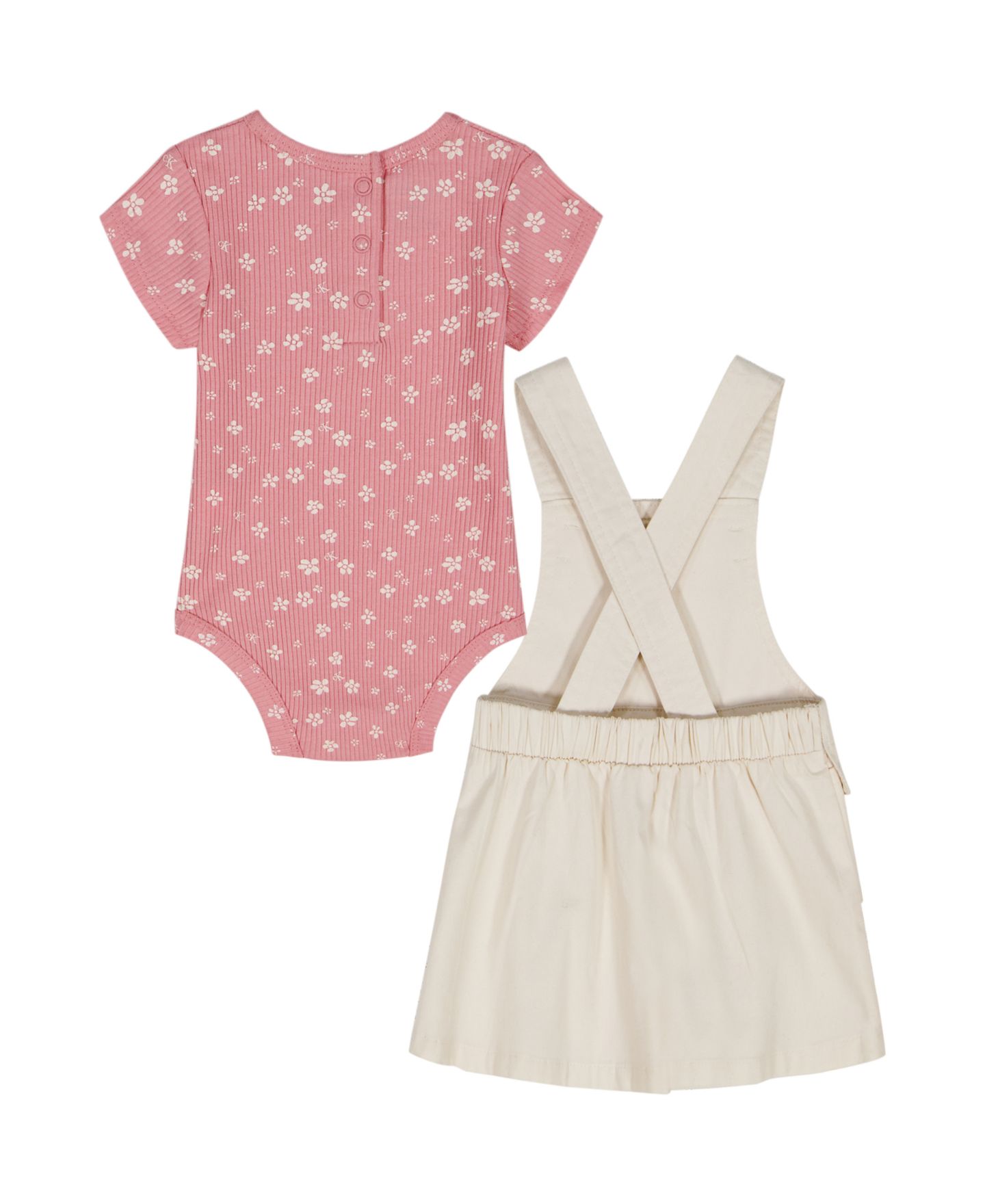 Комплект Calvin Klein Ribbed Printed Bodysuit & Denim Overall, 2-Piece Set для девочек-малышей, цвет: Кремовый / Розовый — фото 5
