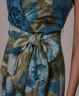 Women's Sleeveless Floral Faux Wrap A-Line Dress