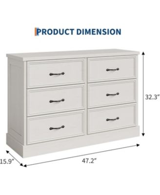  6-Drawer Horizontal Dresser, American Style Antique White MDF Chest of Drawers