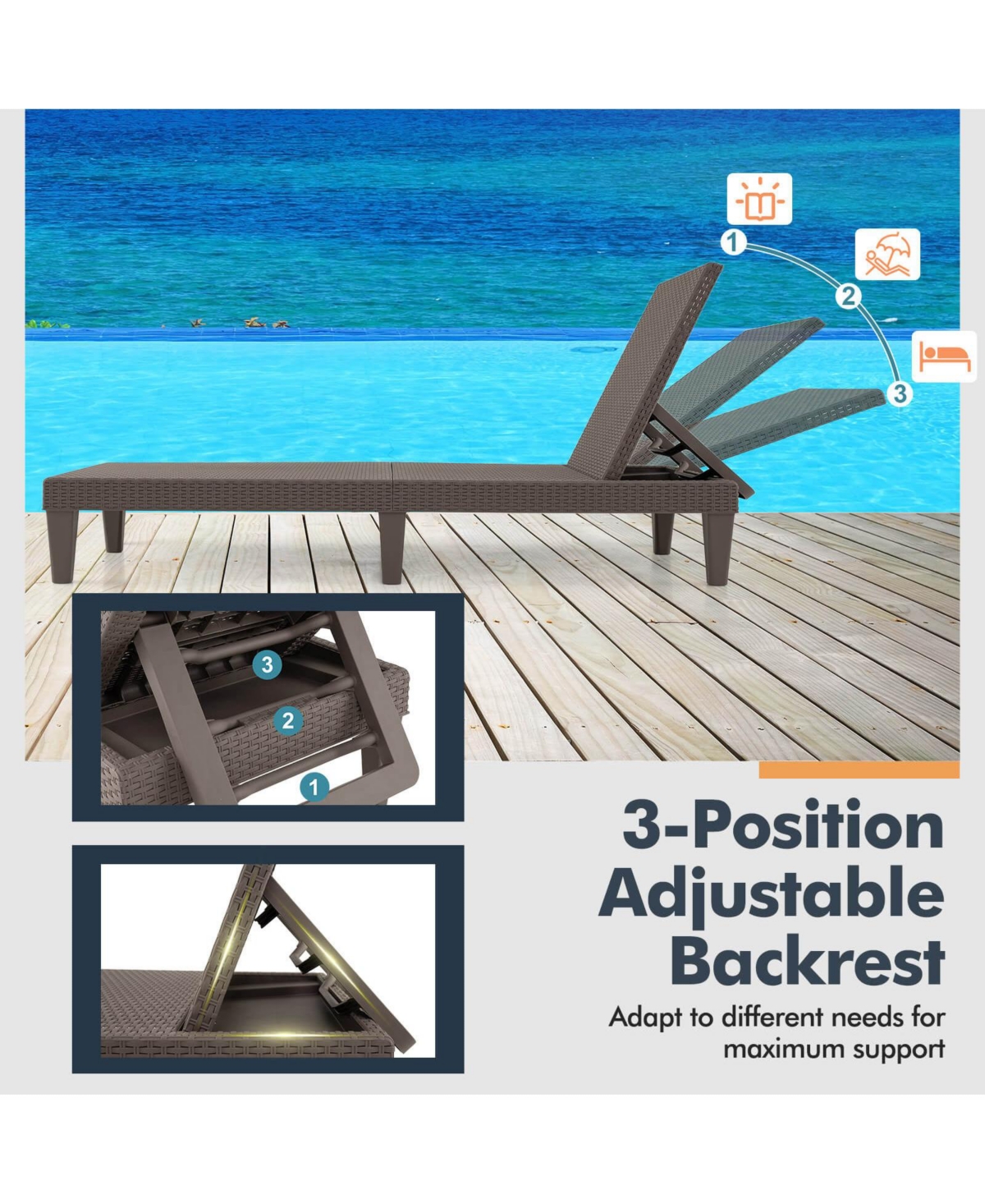 Patio Lounge Chair Recliner with 3-Position Adjustable Backrest & Cushion