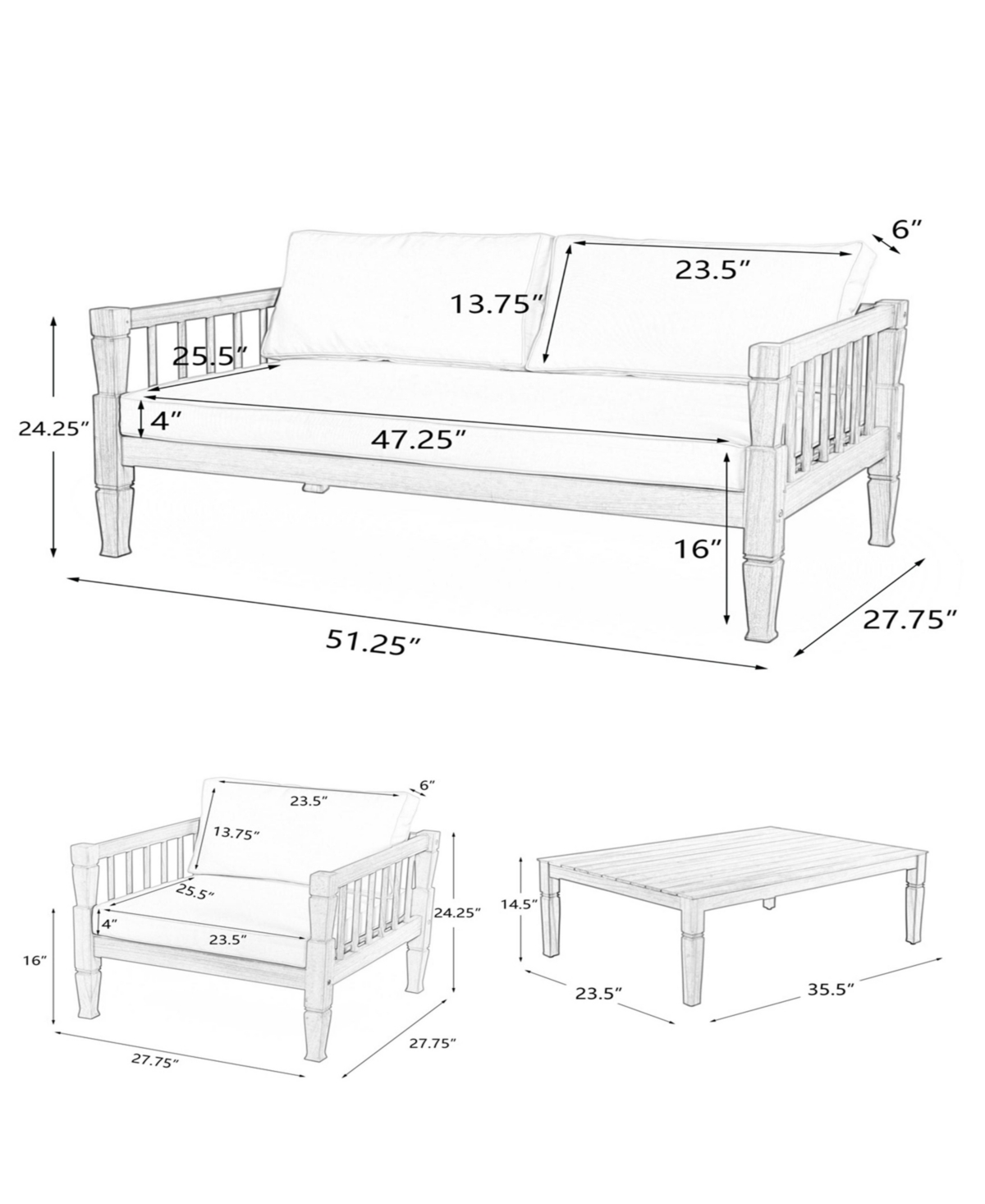 Flynama 4 Piece Light Brown Patio Conversation Set with Acacia Wood Frame Coffee Table Thick Cushions for Backyard Porch Balcony