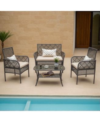 4 Piece Outdoor Patio PE Rattan Conversation Set with Tempered Glass Table Soft Cushions for Backyard Pool Lawn