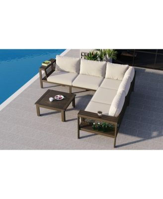 4 Piece Outdoor Acacia Wood L Shaped Patio Sofa Set with Coffee Table Woven Mesh Armrests Beige Cushions for Garden Poolside