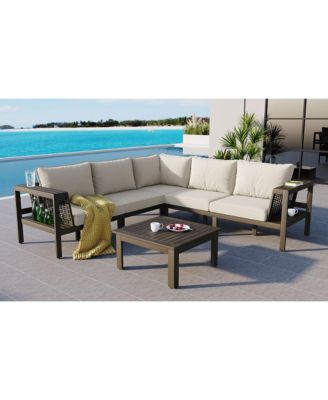 4 Piece Outdoor Acacia Wood L Shaped Patio Sofa Set with Coffee Table Woven Mesh Armrests Beige Cushions for Garden Poolside