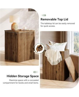 Solid Wood Square End Table with Storage Set of 2, Mid-Century Modern Bedside Nightstand with Removable Lid, Fluted Side Table