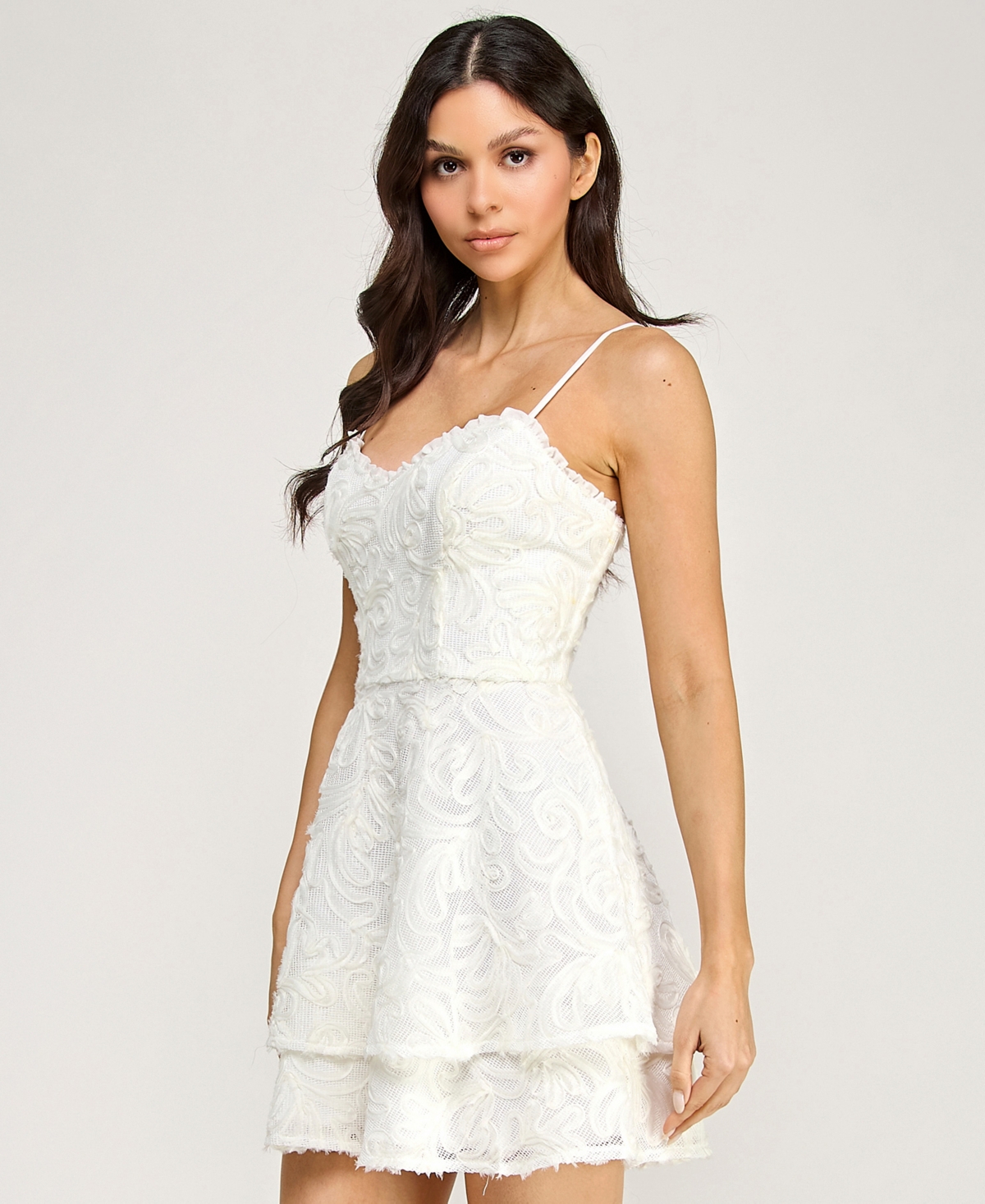 Seni & Cade Juniors' Ruffle Neck Double Tiered Short Dress