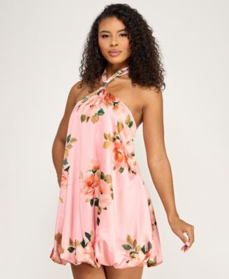 Juniors' Floral Halter Neck Short Dress