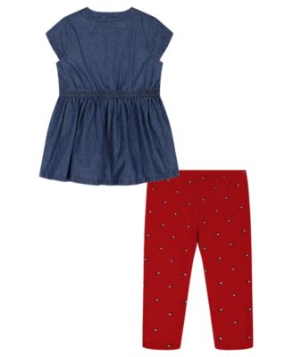 Girls' Toddler 2T-4T Sleeveless Denim Tunic & Printed Capri Leggings, 2-Piece Set