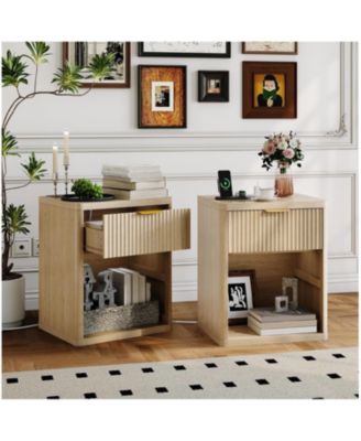 Set of 2 Natural Fluted Nightstands, Bedside Table with Charging Station Drawers & Open Storage