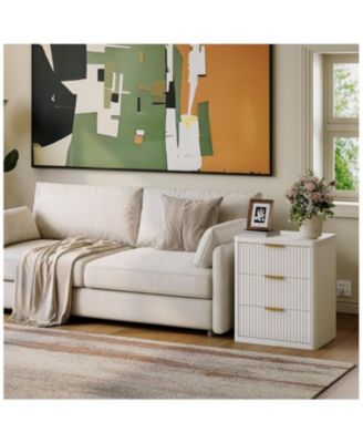 Set of 2 White Fluted Nightstands, 3-Drawer Bedside Table with Built-in Charging Station & Open Storage