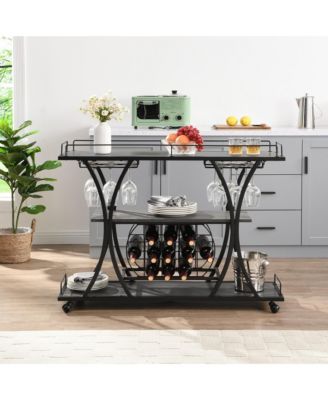 32.6'' Tall Industrial Style Rolling Kitchen Island Wine Cart with Black Finished, Fir Wood Mobile Metal Wine Bar Cart