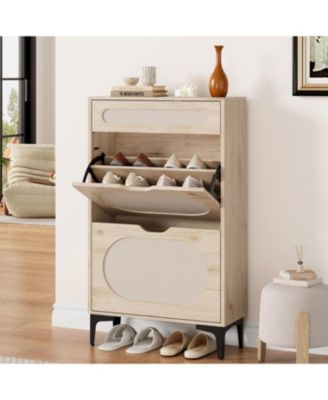 Rattan Shoe Cabinet with 2 Flip Drawers & 1 Pull-Out Drawer – Free-Standing Shoe Storage Cabinet with 3-Position Adjustable Shelf