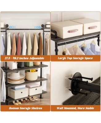 Clothing Rack,Garment Rack With 3 Wood Shelves, Organizer Rack Wall Mounted