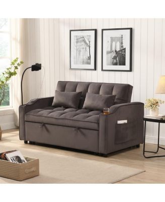 Velvet Pull-out Sleeper Sofa Bed with USB, Reclining Back, Tufted