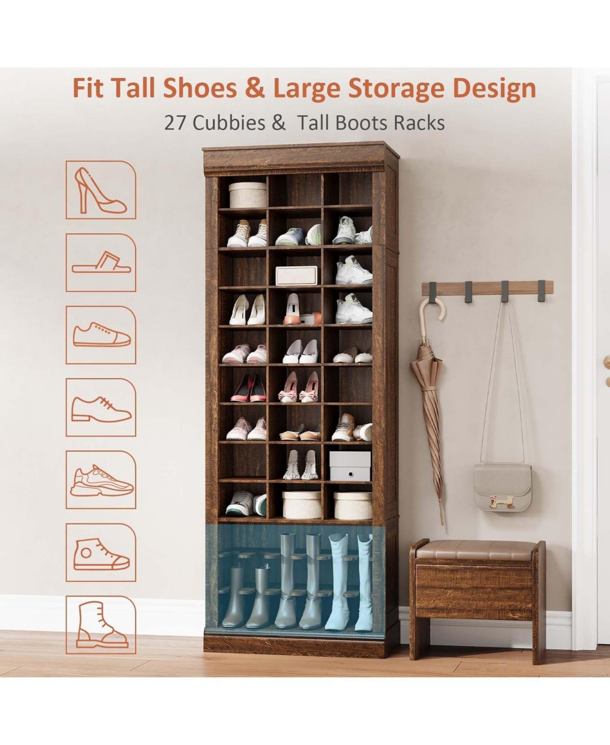 gaomon Shoe Cabinet, 10-Tier Entryway Shoe Storage Cabinet with 27 Cubbies and Tall Boots Storage, Freestanding Tall Shoe Organizer Cabinet