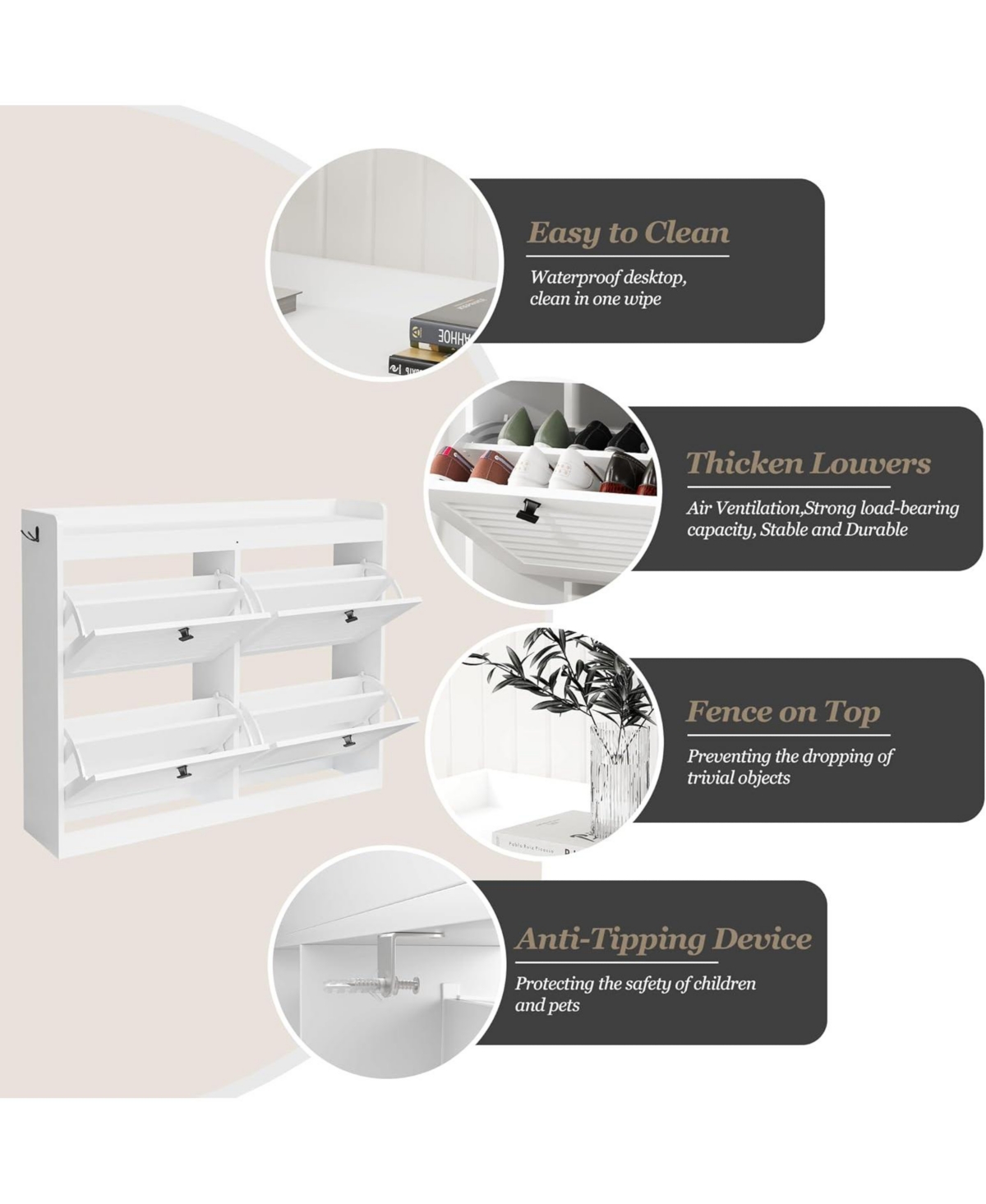 gaomon Large Shoe Storage Cabinet with 4 Flip Drawers, Narrow for Entryway Wooden Legs