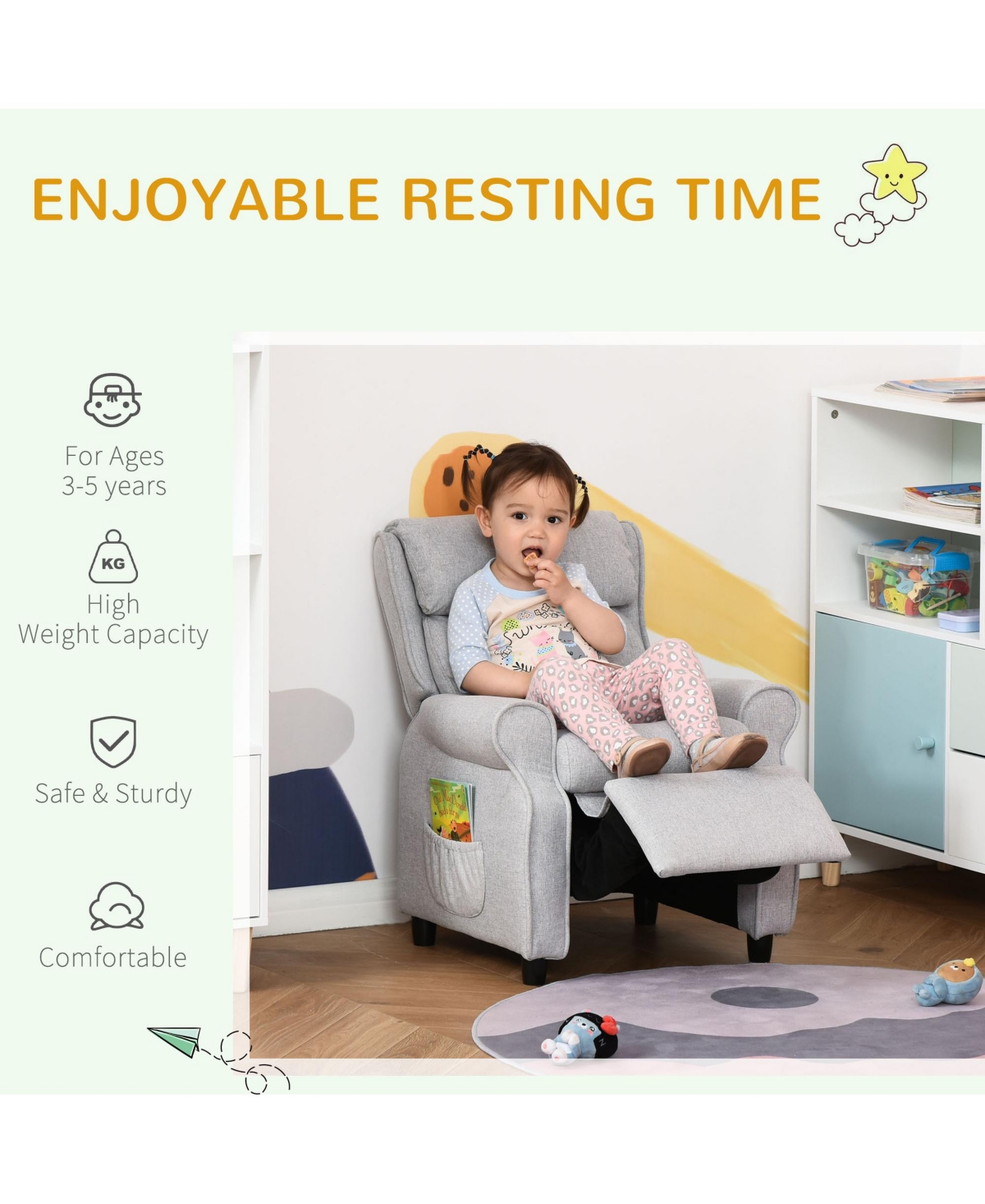 Hongge Kids Recliner Chair with Adjustable Backrest and Footrest for Ages 3–5