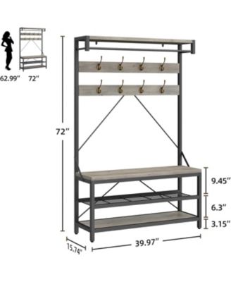 72" Industrial Hall Tree with Shoe Bench, Storage Shelf & 8 Double Hooks for Entryway