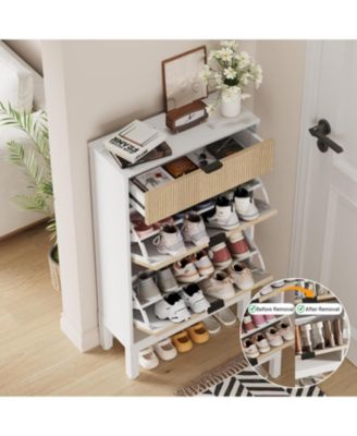 Shoe Storage Cabinet with 2 Flip Drawers, Farmhouse Fluted Shoe Organizer with Metal Legs, Freestanding Hidden Slim Narrow Shoe Rack