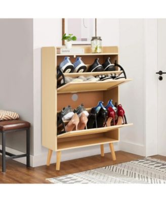 Shoe Storage Cabinet with Flip-Drawers, Ventilated Hidden Narrow Shoe Cabinet | Odor-Resistant MDF Shoe Cabinet Storage