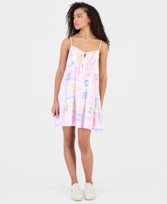 Juniors' Printed Babydoll Tie-Front Mini Dress