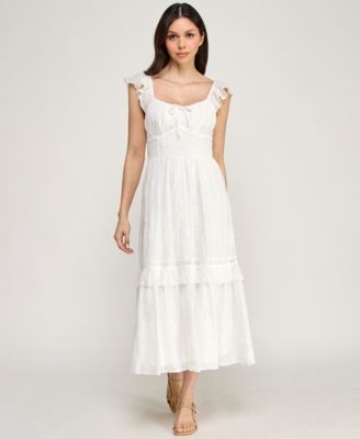 Juniors' Flutter-Sleeve Embroidered Midi Dress