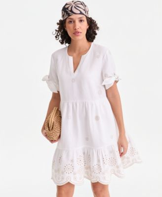 Women's 100% Linen Eyelet-Trim Tiered Mini Dress