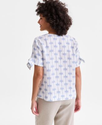 Petite Linen Palm Print V-Neck Top