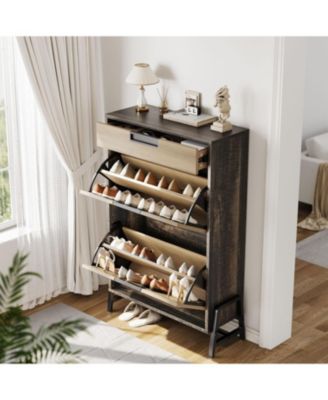 Shoe Storage Cabinet with 2 Flip Drawers and 1 Drawer, Vintage Farmhouse Narrow Shoe Organizer with Legs