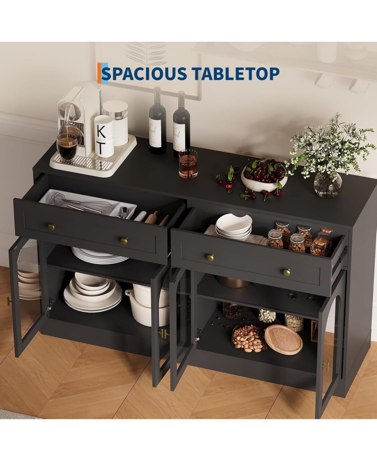 gaomon 55-Inch Wide Farmhouse Sideboard Buffet Cabinet with 4 Acrylic Doors and 2 Drawers, Wooden Console Table for Kitchen or Living Room