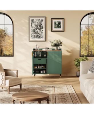 Modern Small Sideboard Buffet Cabinet with Fluted Doors, Wine Bar & Coffee Bar Liquor Cabinet with Wine Rack and Glass Holders