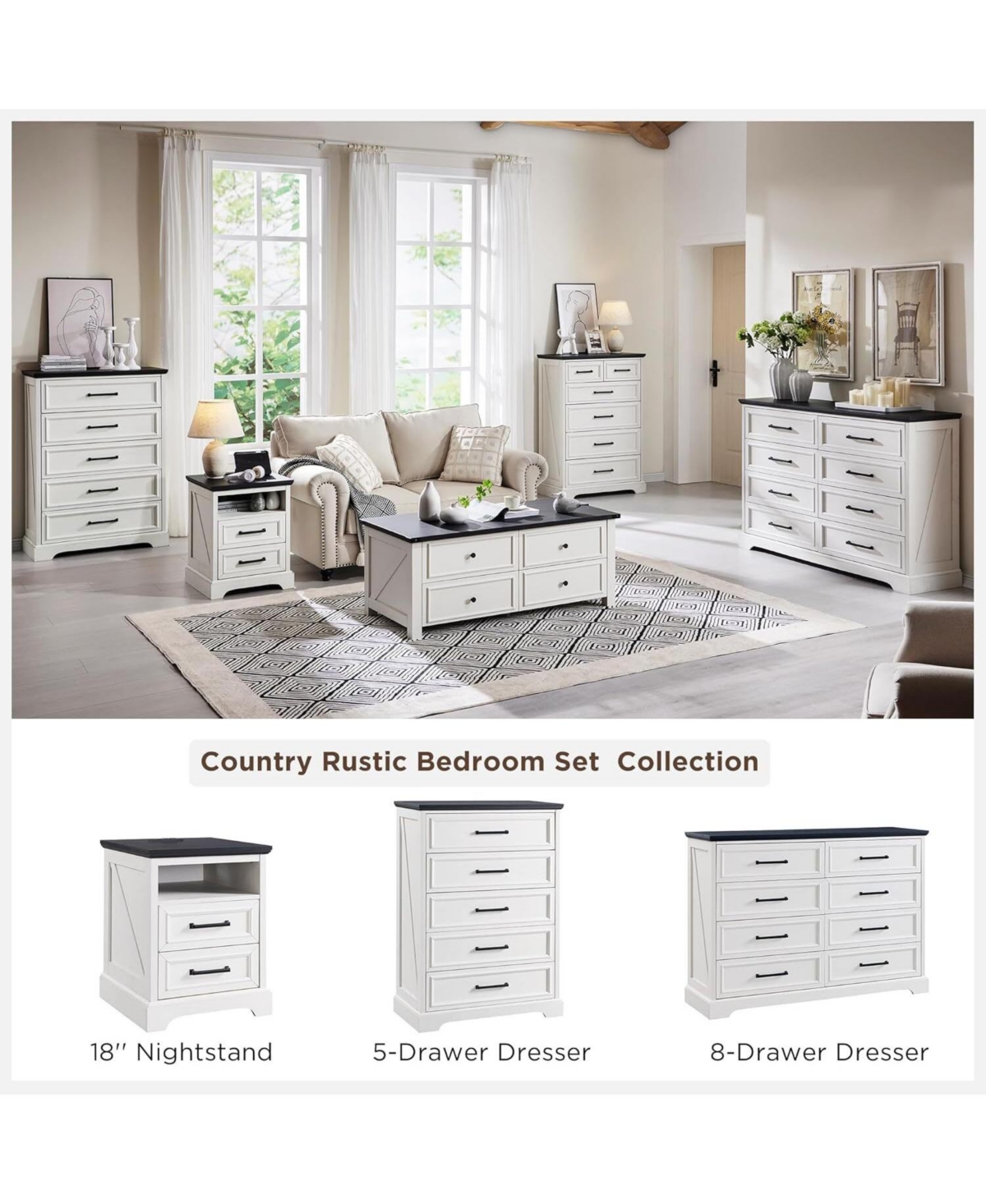 gaomon Set of 2 18 Inch White Farmhouse Nightstands, 2-Drawer End Table with Usb Charging Station