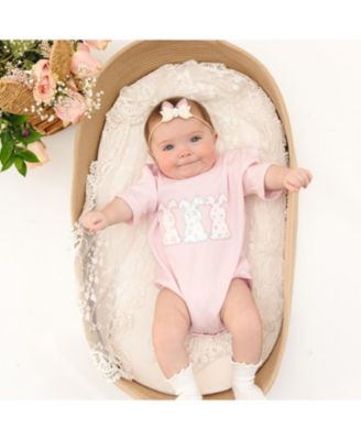 Baby Girls Floral Bunny Patch Easter Short Sleeve Romper