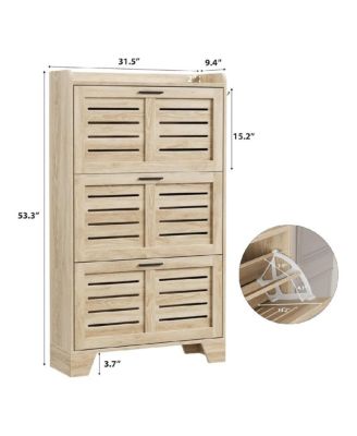 Shoe Storage Cabinet with 3 Flip Drawers, Freestanding Shoe Organizer Storage for Entryway with 2 Side Hooks,  Shoe Rack Cabinet, Natural Oak