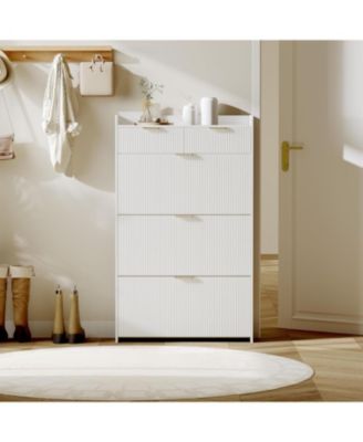 Fluted Slim Shoe Cabinet with 2 Flip Drawers, Adjustable Shelf Freestanding Entryway Organizer