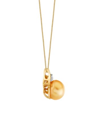 Cultured Golden South Sea Pearl (10mm) & Diamond Accent Pendant Necklace in 10k Yellow Gold