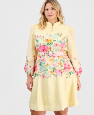 Plus Size Placed-Print Belted Fit & Flare Dress