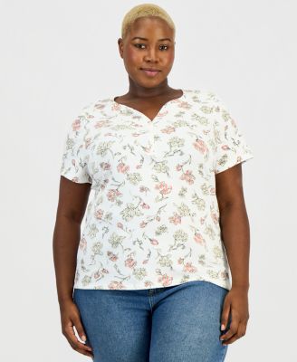 Plus Size Printed Short-Sleeve Henley Top