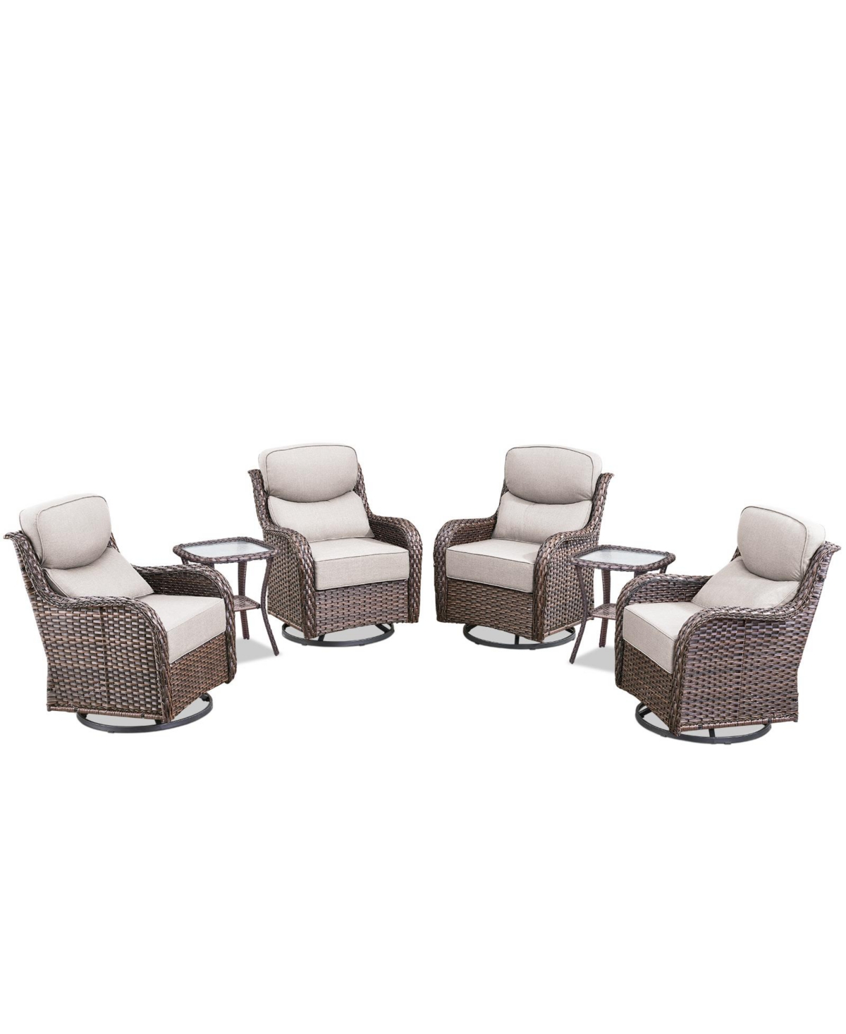 Gymojoy Crescent Swivel Glider All-Weather Pe Wicker Patio Lounge Chair with Olefin 6 In. Thick Cushions/End Table (6-Piece