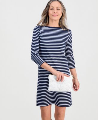Petite Striped Knit Envelope-Neck 3/4-Sleeve Dress