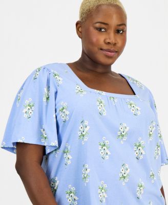 Style & Co Plus Size Short Flutter-Sleeve Square-Neck Knit Top