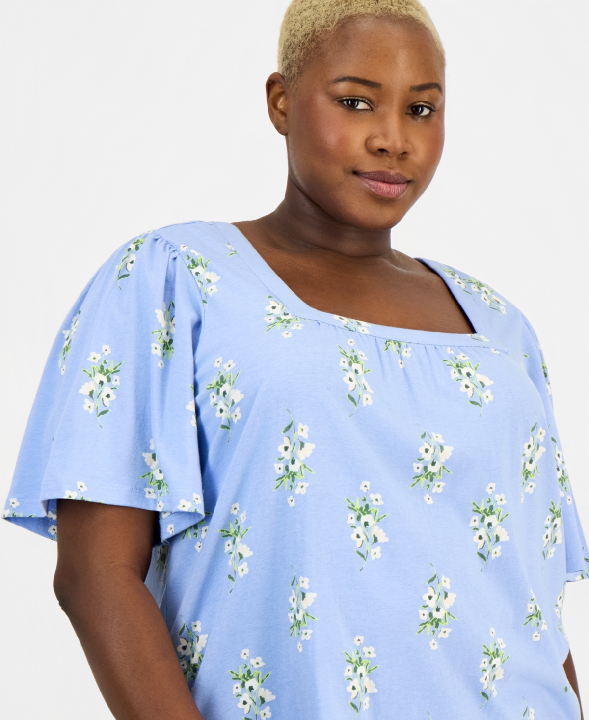 Style & Co Plus Short Flutter-Sleeve Square-Neck Knit Top, Macy's Exclusive