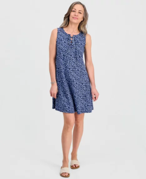 Petite Printed Lace-Up Tank Dress - Buds Indigo Blue