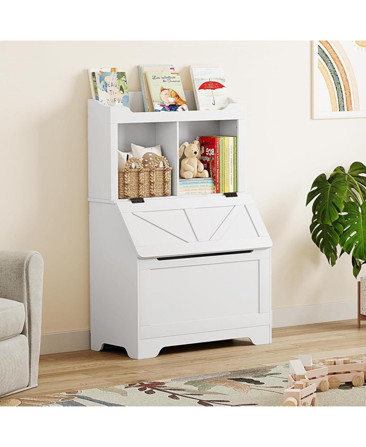 gaomon 3-tier Wooden Kids Bookcase and Toy Storage Organizer with Flip-Top Lid