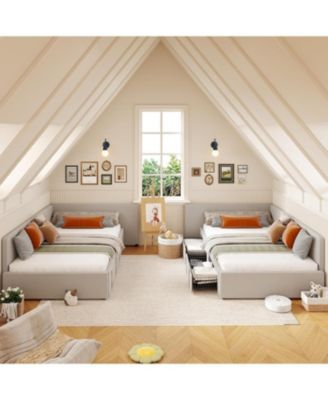 daybed with 2 storage drawers, Corner Bed frame with Extended headboard and Bed Rails, Velvet Upholstered Sofa Bed with Guardrail - Twin