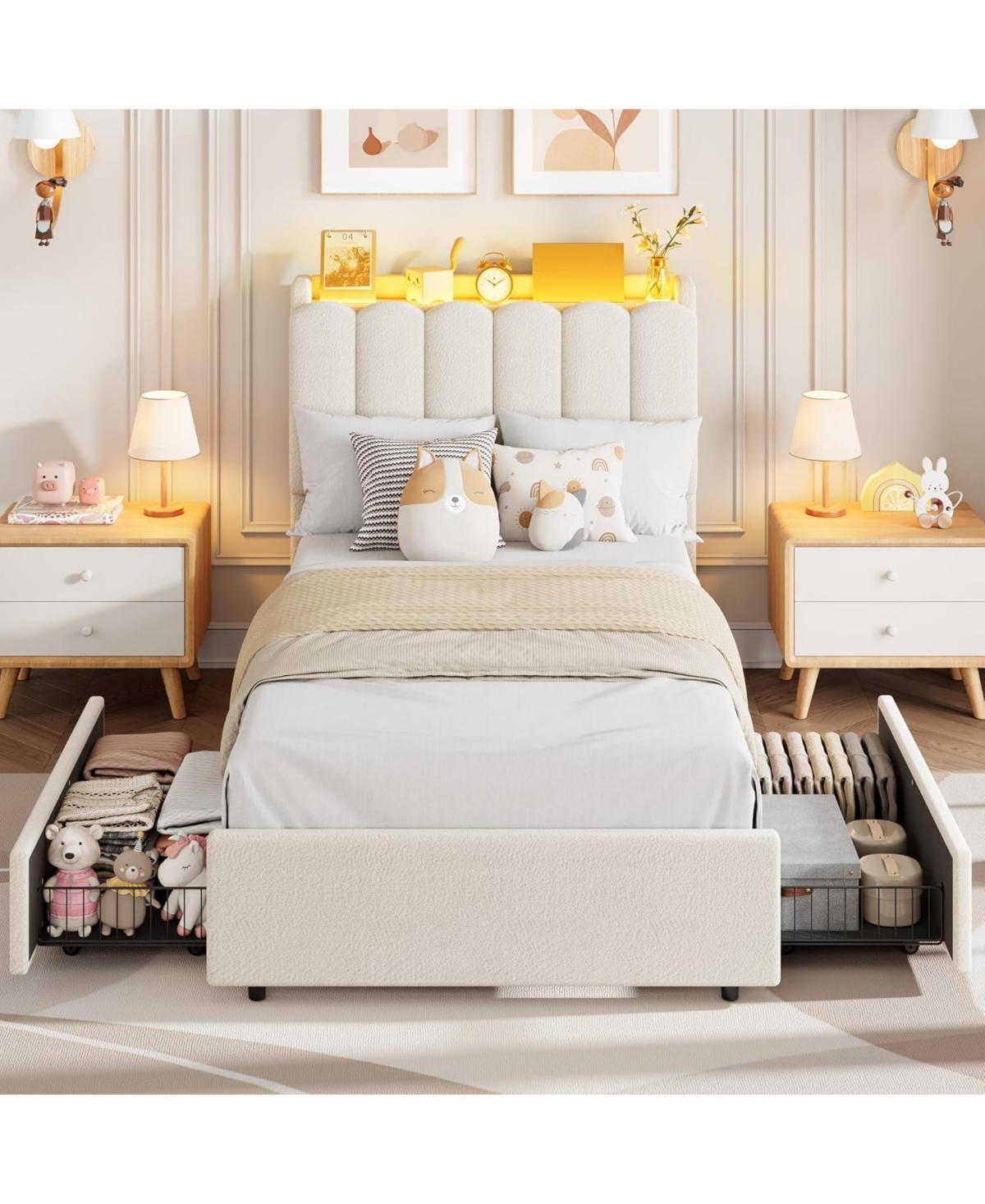 gaomon Boucle Upholstered Platform Bed with Wavy Headboard, Storage Bookcase, 2 Drawers, No Box Spring Needed - Twin Xl